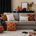 EMEMA Fall Pumpkin Ghost Decorative Throw Pillow Covers 18x18 Inch Set of 2 Soft Plush Faux Wool Couch Pillow Covers 3D Embroidered Halloween Couch Cushion Case for Living Room Home Decor (Orange)