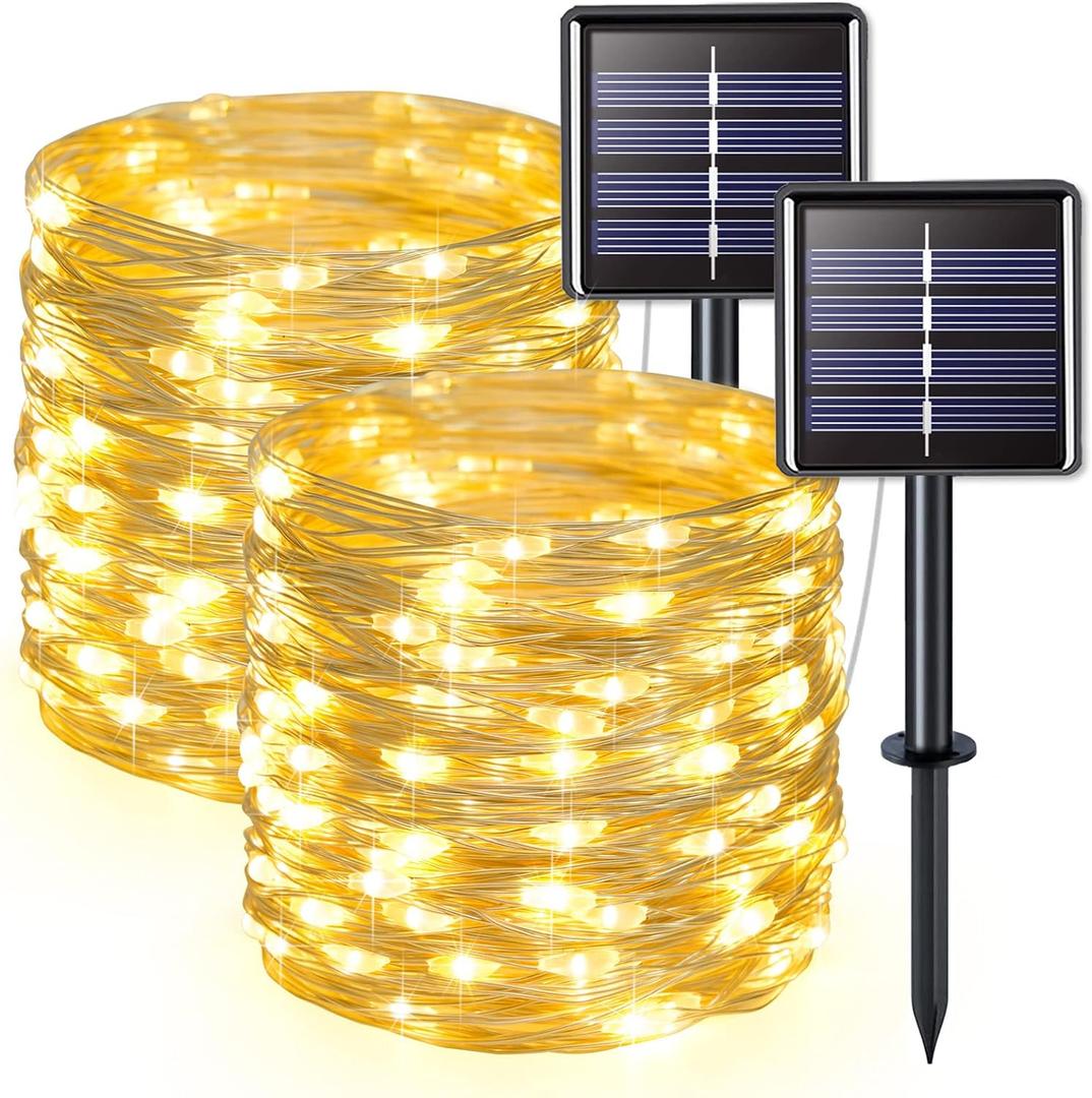 JMEXSUSS 2 Pack Solar String Lights Outdoor Waterproof, Each 33FT 100 LED Warm White Fairy Lights, Waterproof 8 Modes Copper Wire Solar Christmas Light for Yard Patio Tree Garden Xmas Decorations