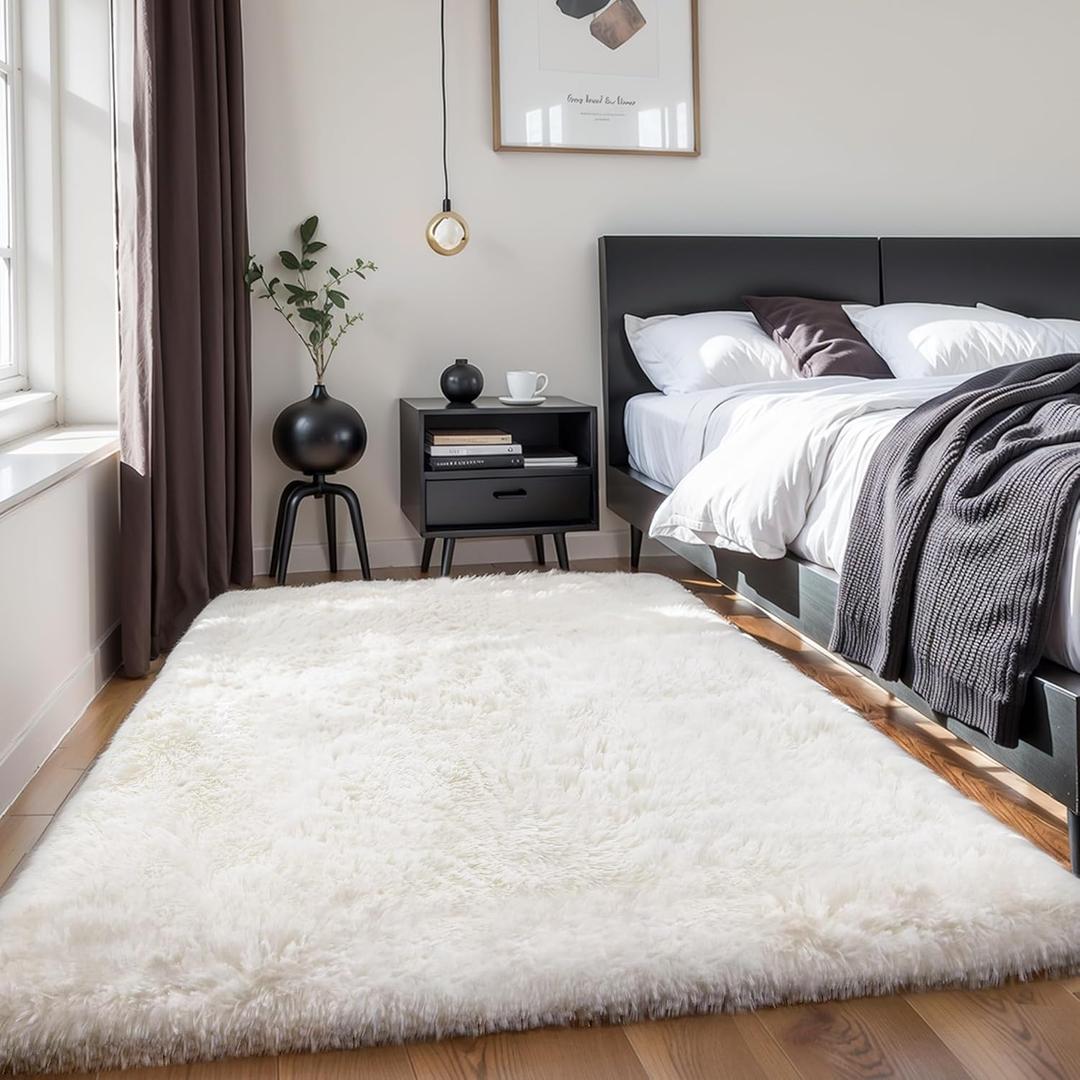 Thick Area Rug 4x6 Cream White Fluffy Shag for Bedroom, Soft Washable Fuzzy Shaggy Non-Slip Plush Carpet for Living Room, Modern Furry Rugs for Kids Nursery Baby Boys Girls Dorm, Ivory (4'x6', A-cream White-thick)