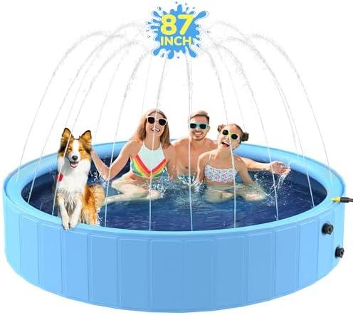 Bilibara 87'' Foldable Dog Pool, Sprinkler Pool for Kids, Non-Slip Heavy Duty Dogs Splash Pad for Small Dogs, Hard Plastic Kiddie Bathtubs for Backyard