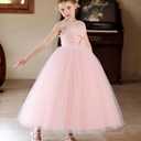 Flower Girls Tulle Wedding Dress A Line Long Formal Pageant Princess Birthday Party Ball Gown Bridesmaid Dresses (Pink)
