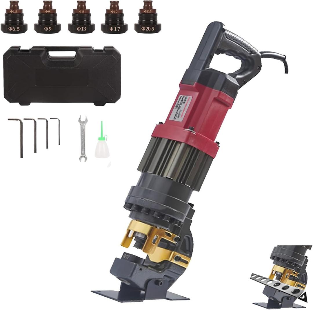 Electric Hole Punch, 1400w 110v Metal Hole Puncher High Efficiency Precise Drilling, Electric Hydraulic Hole Puncher With 5 Punching Dies, for Steel Aluminum and Copper Plate Punching (Black+red)
