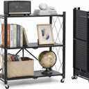 3 Tier Foldable Storage Shelves with Wheels, Metal Collapsible Organization Storage Rack, No Assembly Folding Bookshelf, Rolling Storage Rack for Kitchen, Bedroom, Pantry, Garage, Display, Black 2 Pack