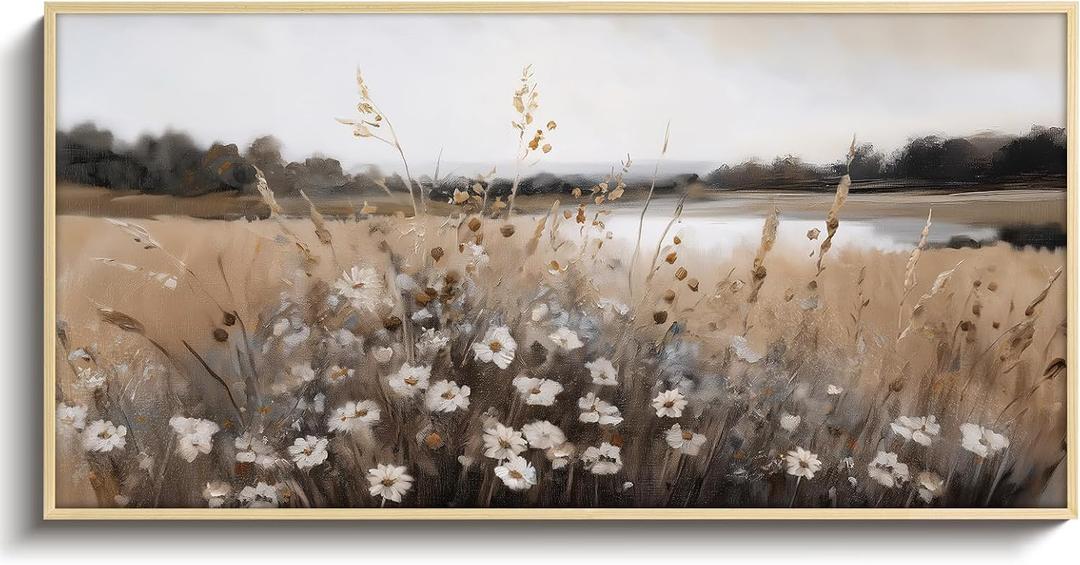 VIYYIEA Large Framed Canvas Wall Art, 20x40in, Fall Wildflower Landscape Painting for Living Room Bedroom, Above of Bed Neutral Decor, Horizontal Retro Vintage Artwork