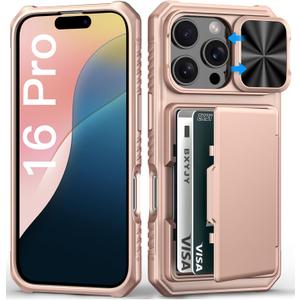 BXYJY for iPhone 16 Pro Case Wallet, Builtin Card Holder (45 Cards), Slide Camera Cover, Military Grade Protection, Hard Heavy Duty Women Girly Men Protective Phone Case for iPhone16 Pro, Rose Gold