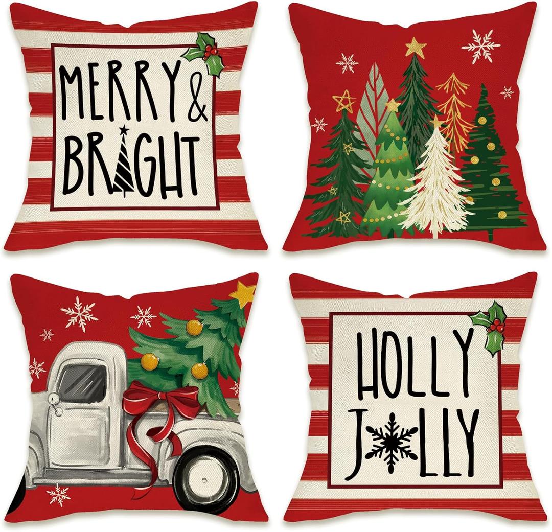 3 x Fahrendom Christmas Tree Truck Decorative Throw Pillow Covers 18 x 18 Set of 4, Xmas Merry Bright Holly Jolly Porch Patio Outdoor Pillowcase, Winter Holiday Stripes Sofa Couch Cushion Case Home Decor