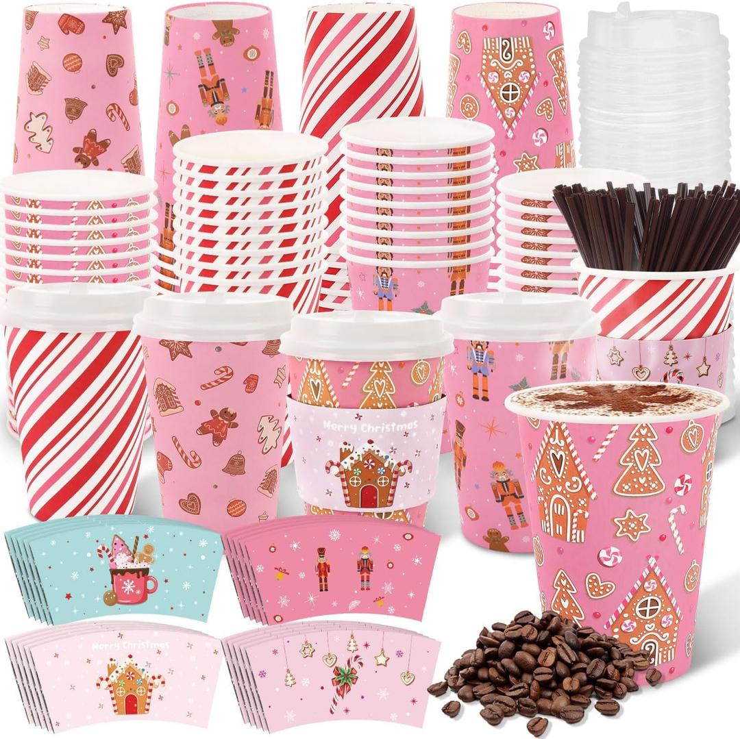 60 PCS 16oz Pink Christmas Paper Cups with Lids Thick Disposable Holiday Designs featuring Gingerbread Men Nutcrackers Snowflakes for Hot Beverage Cocoa Coffee Party Beverage Favors Decoration