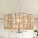 18.9'' Hand Woven Rattan Chandelier, 5-Light Brushed Nickel Chandelier Rattan Pendant Light Fixture, Boho Wicker Farmhouse Chandeliers for Dining Room Bedroom Living Room Foyer