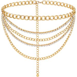 FIORETTO Chain Belt for Women Metal Waist Chain Fashion Multilayer Chain Belts for Dress (Fit Waist Up to 36", Multi-rhinestone-gold)