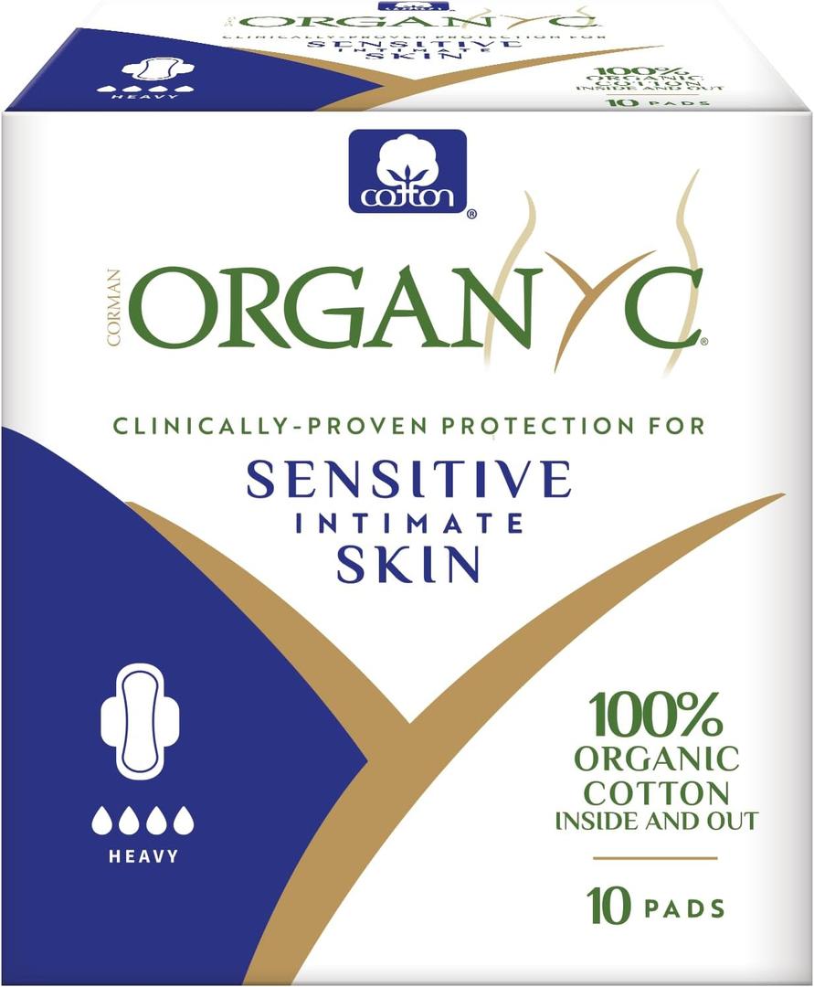 Organyc - 100% Certified Organic Cotton Feminine Pads, Sanitary Napkin 120 Count, Heavy Flow(Bulk Size, 12 Pack)