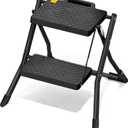 URACKIFY 2 Step Stool Foldable, Step Ladder with Non-Slip Rubber mat, Step Stool with Release Button, Lightweight Steel, Black, for up to 330LBS.