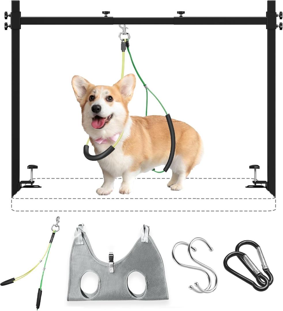 Dog Grooming Arm for Table, M Size, Adjustable 42" Height & 31"43" Width, H-Shape Stable Grooming Stand, Clamp Fits up to 2.76", with Hammock & 2 Nooses for Home Grooming & Nail Trimming