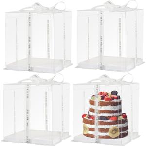 CHENZEM cake box-14 * 14 * 10inch/4pcs, Clear Display Gift Boxes with RibbonStackable Food Storage Containers for Pastry (Clear, 14 * 14 * 10inch/4pcs)