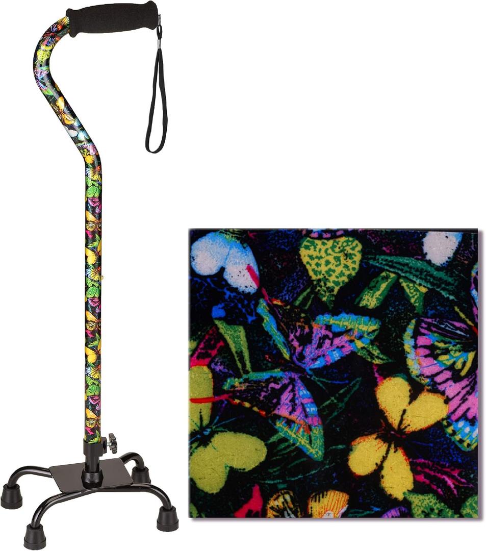 NOVA Designer Quad Cane, Lightweight Four Legged Cane with Soft Grip Handle, Height (for Users 411 - 64) & Left or Right Adjustable, Butterflies Design