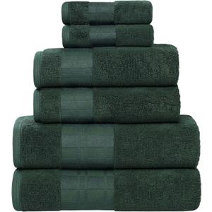 Superior 6-Piece Cotton Towel Set, Geometric Design, Dobby Border, Plush Quick Dry Towels, Decorative Bathroom, Spa, Includes 2 Bath, 2 Hand, 2 Face Towels/Washcloth, Larissa Collection, Forest Green