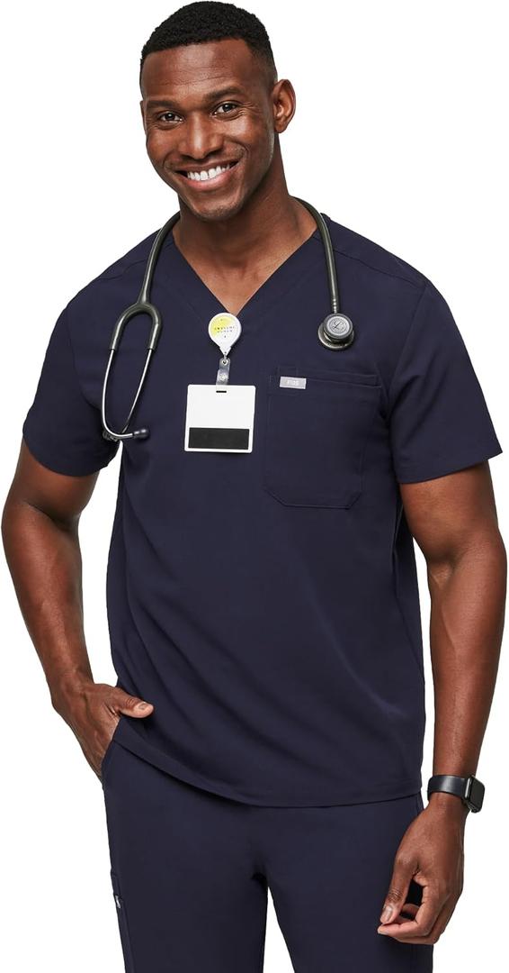 FIGS Leon Scrub Top for Men  3 Pockets, Tailored Fit, Modern V-Neck, 4-Way Stretch, Moisture-Wicking (Medium)