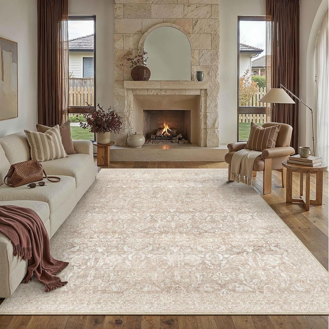 PureCozy 8x10 Area Rugs Washable Beige Living Room Bedroom Vintage Carpet Indoor Large Non Slip Soft Low Pile Thin Rug Retro Accent Office Dining Room Home Office Rug
