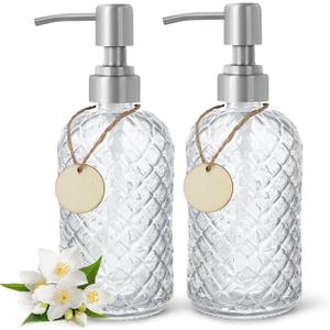 2 Pack Gem-Patterned Glass Soap Dispenser with Rust Proof Stainless Steel Pump-13 oz Liquid Hand Soap Dispenser for Kitchen & Bathroom,Great for Lotions, Essential Oil, Liquid Soaps-Clear