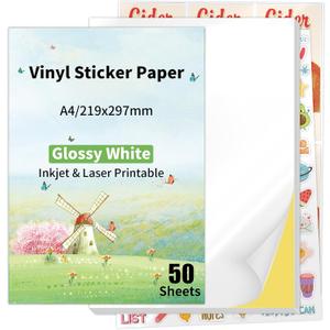 Printable Sticker Paper for Inkjet Printers Glossy White Water-Resistant Adhesive Label Paper - 8.3x11.7 Inch, Tear-Resistant, Removable (Glossy-50sheets)