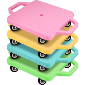 4 Pcs Colored Sports Scooter Board with Handles Plastic Sitting Floor Scooter for Kids Suitable for Children Gym Indoor Outdoor Activities Physical Education Equipment (Pink, Yellow, Blue, Green)