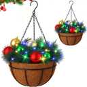 2 Pcs Winter Hanging Baskets for Outdoors Christmas Porch Decor with Pine Cones Berry Clusters LED Lights Christmas Hanging Basket for Outdoors, for Front Door Home Porch(Ball Tree)