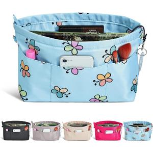 Vercord Premium Nylon Purse Organizer Tote Handbag Insert Organizers Bag in Bag Zipper 13 Pockets 5 Sizes (X-Large, Blue Butterfly)