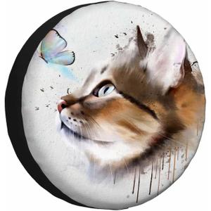 Cat and Butterflies Spare Tire Cover Watercolor Animal Cute Playful Kitten Weatherproof Universal Wheel Protectors Camper Tire Covers for Trailer Rv Travel(17 inch) (17" fits tire cover diameter 31"-35")