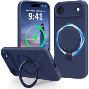 Compatible with iPhone Air Case with Stand, Full Camera Protection Slim Liquid Silicone Phone Cases for iPhone 17 Air Compatible with MagSafe Magnetic Ring Kickstand Case 6.5", Dark Blue