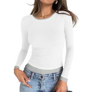 Cicy Bell Womens Long Sleeve Tops Patchwork Crewneck Slim Fit Shirts Going Out Casual Fall Basic Tees (S)