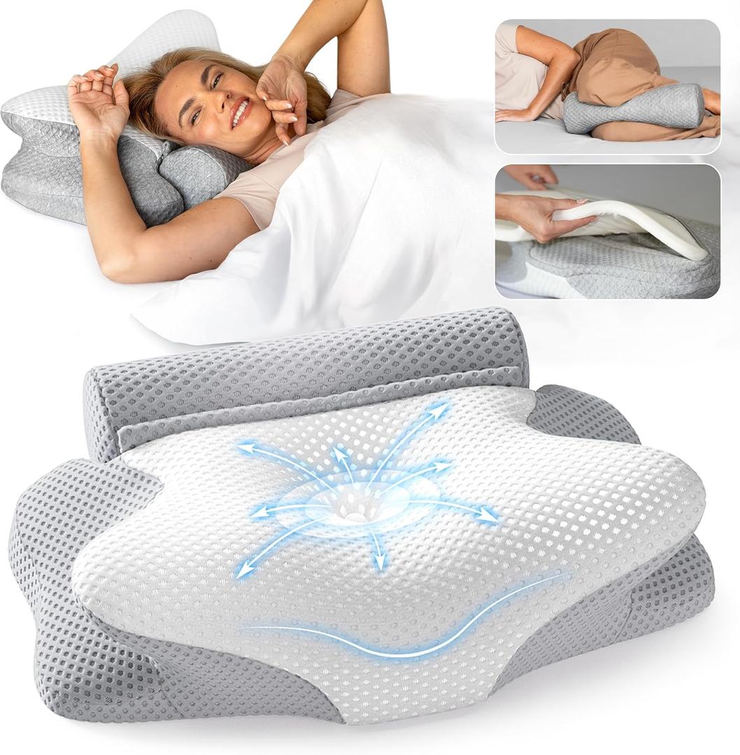 Cervical Neck Pillow for Sleeping, Dreamers Relief Pillow, Side Sleeper Pillow for Adults, Adjustable Height Memory Foam Pillow and Detachable Roll, Back & Stomach Sleeping Neck Pain Relief (White)