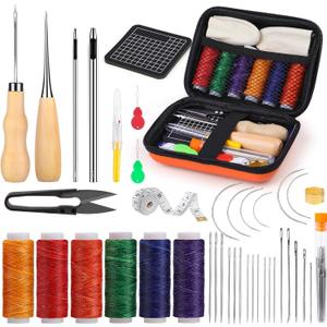 MORFEN Leather Sewing Kit Upholstery Repair Kit Leather Stitching Kit with Hole Punch, Waxed Thread, Sewing Awl, Upholstery Needles, Leatherworking Tools for Hand Stitching Furniture, Car, Sofa