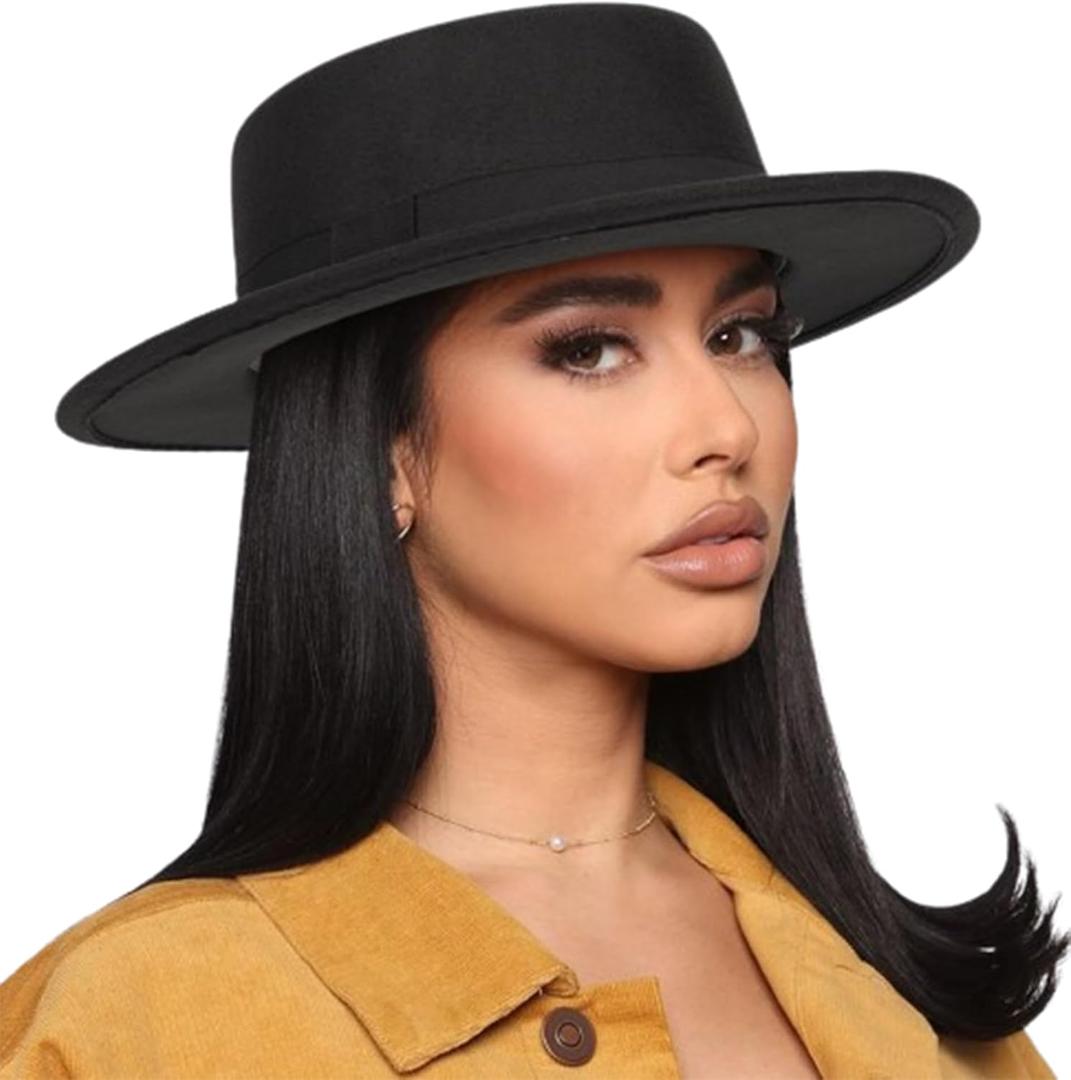 Pork-Pie-Fedora-Hat Wide Brim Felt Flat-Top-Boater Hat for Men Women(Size:M) (Black With Band)