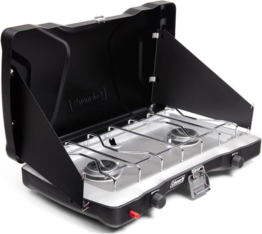 Coleman Triton+ 2-Burner Propane Camping Stove with InstaStart Ignition, Portable Camping Cooktop with 2 Adjustable Burners & Wind Guards, 22,000 BTUs of Power for Camping, Tailgating, Grilling