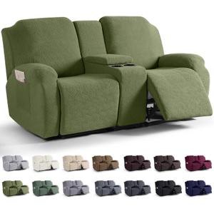 KinCam Loveseat Recliner Covers with Middle Console Slipcover, Recliner Sofa Covers 2 Seat Couch Cover Stripe Jacquard Furniture Protector Covers with Elastic Bottom for Kids, Pets(Olive Green)