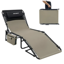 Folding Lounge Chair Outdoor with Insulated Cooler Bag Portable for Outside Patio Chaise Lounge Chair 5-Position with Pillow for Beach Sunbathing Pool Camping Lawn