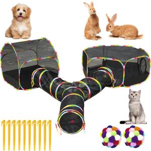 Outdoor Cat Enclosure with Cat Tunnel, Tent, Playhouse and Cat Toy Ball with Bell - Portable Indoor/Outdoor Playpen for Small Cats & Animals (3-in-1 cat enclosures set)