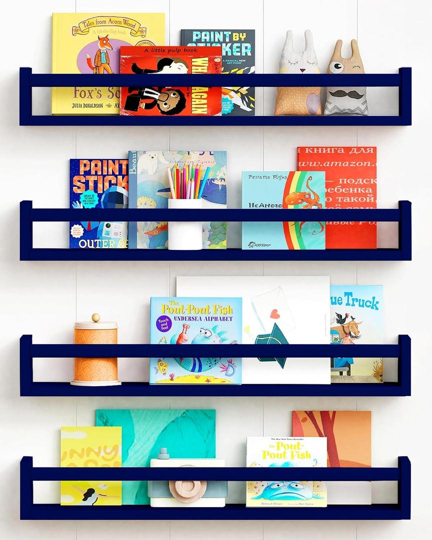 Forbena Wall Book Shelf Organizer for Kids Room Set of 4, Large Floating Book Shelves for Boy Nursery Wall Deocr, 24 Inches Wall Mount Bookshelf for Toddler Child Teen Boys Bedroom (Navy Blue), 23.6 Inch