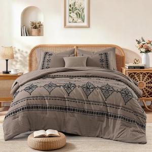 MaiRve Queen Size Comforter Set Taupe Grey, Embroidery Floral Western Boho Bedding Set, All Season 7 Pieces Bed in a Bag with Sheets, Pillowcases & Shams