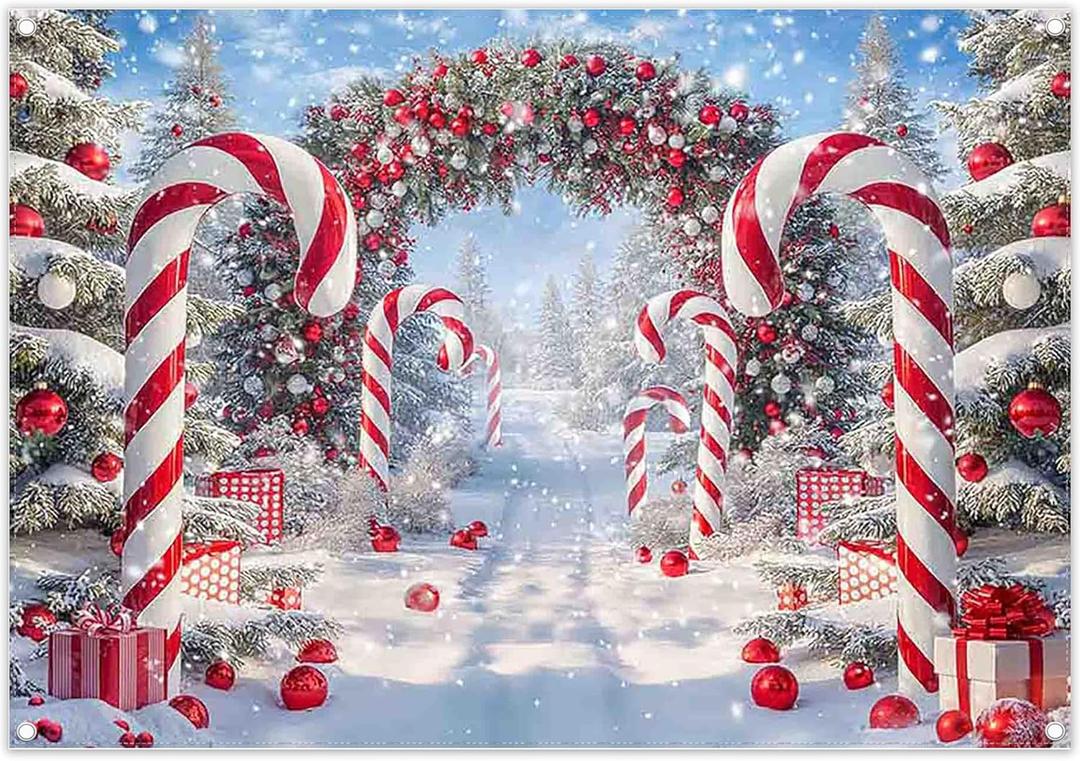 ZTHMOE Fabric 7x5ft Merry Christmas Cane Candy Photography Backdrop Winter Snow Scene Xmas Tree Background New Year Eve Party Decoration Holiday Photo Banner Props