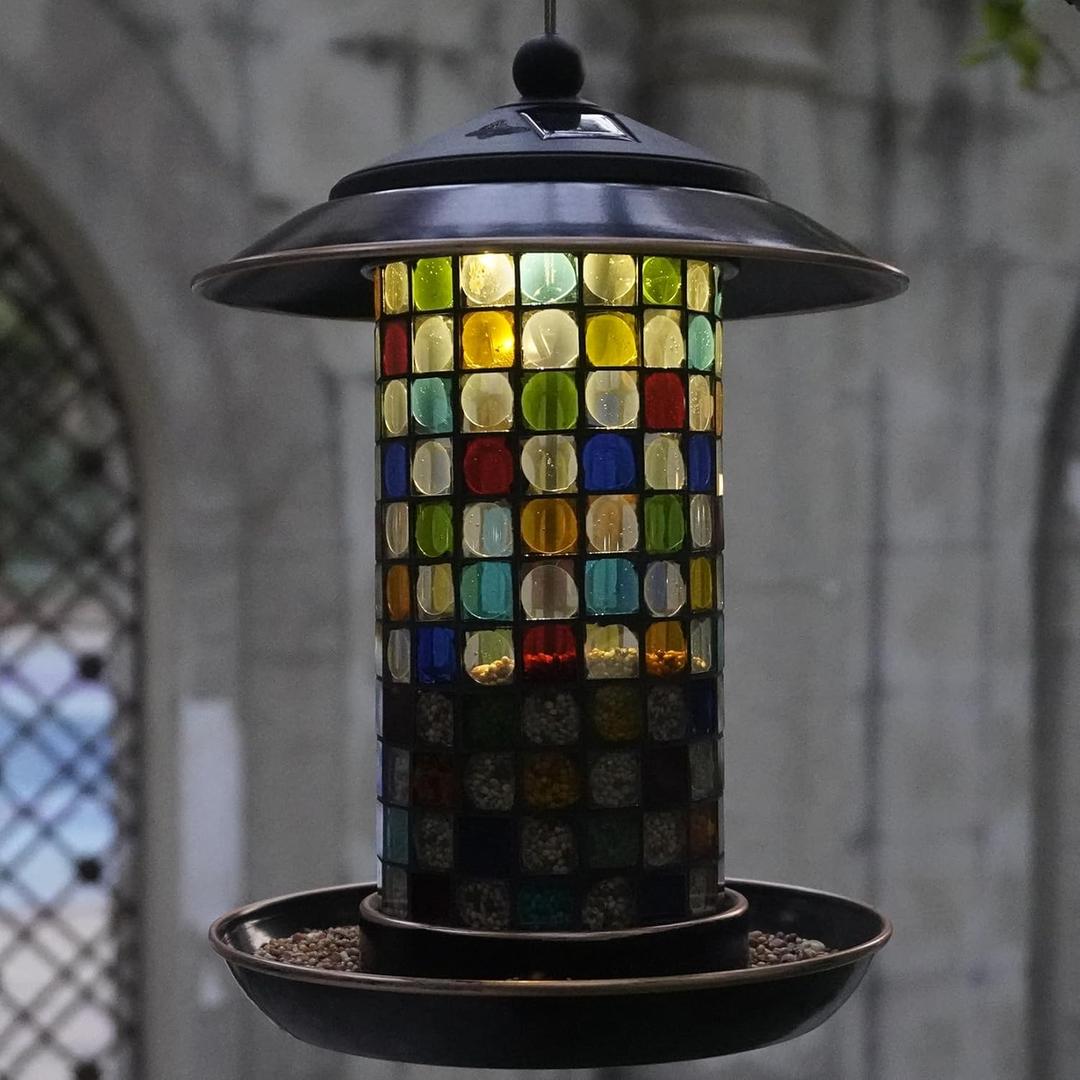 Solar Bird Feeder for Outdoor Hanging - Small Bird Seedes Feeder with Mosaic Stained Glass for Cardinals and Finches - Garden Decor Gift for Parents and Bird Lover (1.5lbs Capacity, Kaleido)