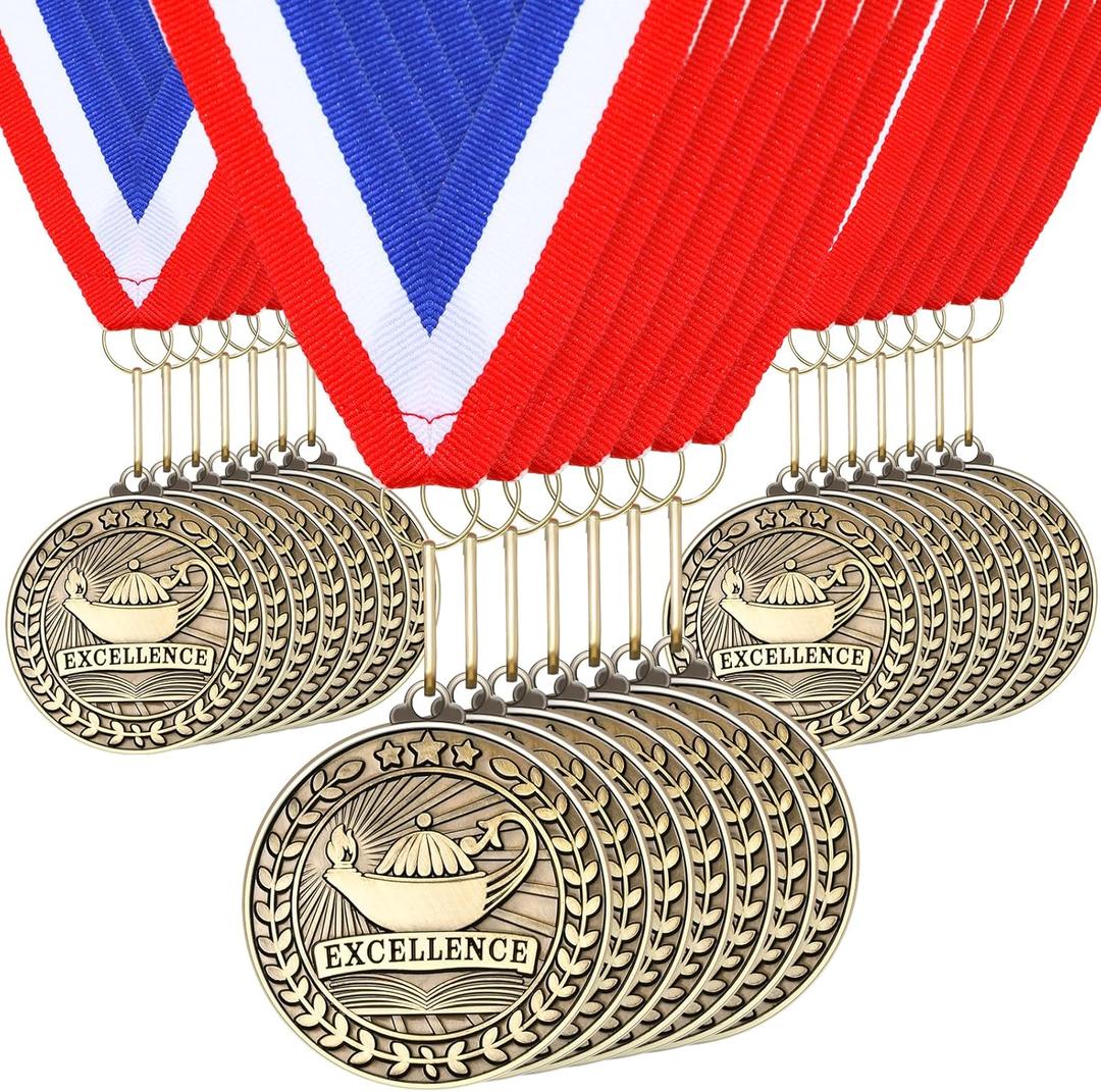 Quelay 30 Pcs 2'' Award Medals Bulk Gold Winner Medals with Neck Ribbons Metal Trophy Award Prize Gift for Tournaments, Competitions, Party, Kids and Adults