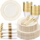 Liacere 350PCS Ivory Plastic Plates - Cream Disposable Plates With Gold Rim - 50Guest Baroque Plastic Dinnerware include 100 Plates - 50 Pack Pre Rolled Napkins Silverware 50Cups for WeddingEaster