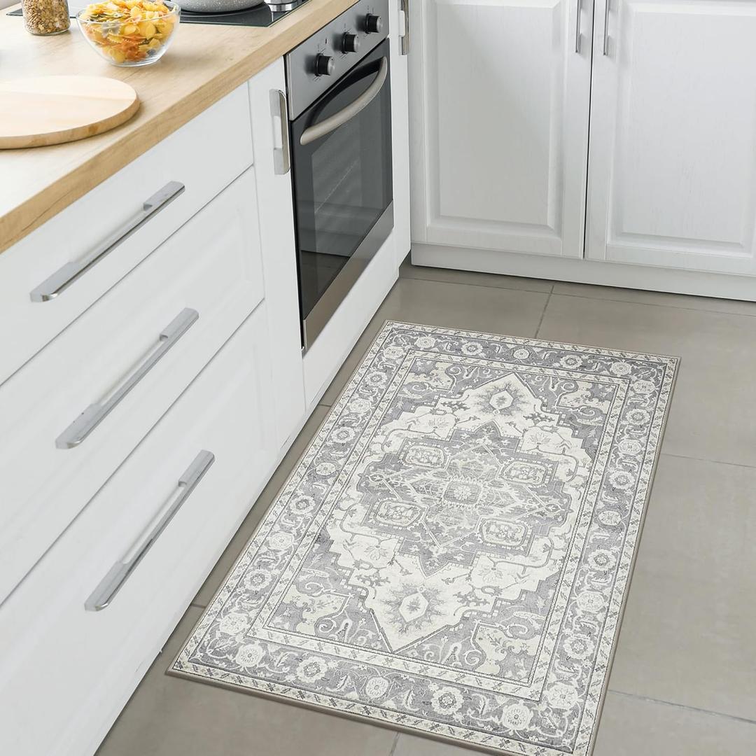 MaxRugrs 2x3 Area Rugs- Upgraded Thicker & No Creases,Washable Throw Rugs for Entryway,Durable No Slip&Non-Shedding Small Vintage Rugs,Indoor Front Door Mat for Entrance,Kitchen,Grey