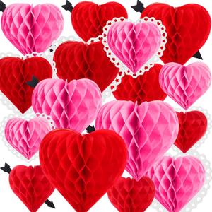 18 Pcs Valentine's Day Heart Shaped Honeycomb Balls Tissue Paper Honeycomb Balls Paper Party Decorations Ideal for Valentine Wedding Engagement Birthday Party (Red, Pink)