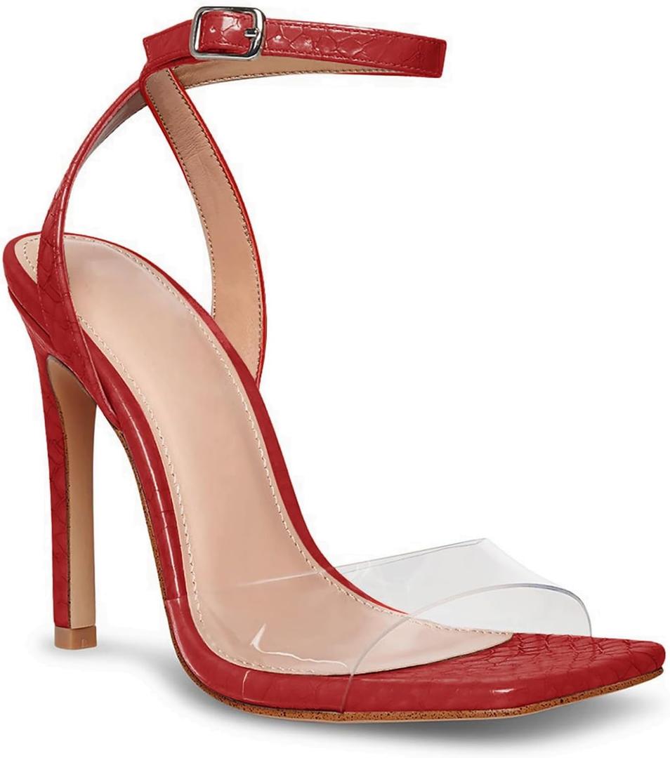 Coutgo Womens Clear Heels Sandals Square Toe Ankle Strap Sexy High Heeled Stiletto Dress Shoes (9, Red)