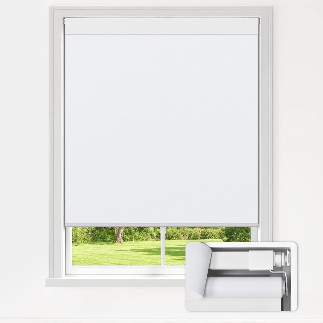 LazBlinds No Drill Blinds for Indoor Windows, Blackout Roller Shades, Cordless Window Blackout Blinds, Thermal Insulated Fabric UV Protection for Home and Office, 31.5" W x 72" H, White