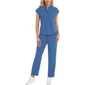Scrubs for Women Set - Stand-Up V-Neck Scrub Top & Straight-Leg Pants with 5 Pockets,Women's Scrub Set (Blue, M)