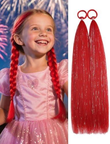 Colored Hair Extensions Red Ponytail Extension 1 Packs, 20 inch Crazy Hair Day Accessories for Women, DIY Festival Wacky Rave Braids,Tinsel Mixed