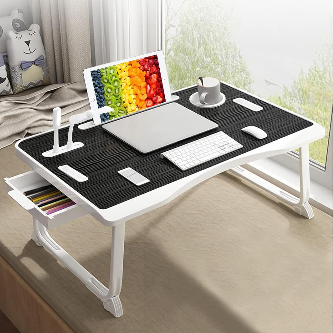 Laptop Bed Table, Laptop Desk for Bed, Foldable Laptop Bed Desk with USB Charge Port, Handle, Desktop Card Slot, Cup Slot, Side Drawer, Portable Laptop Table for Bed Eating Reading Working (Black)
