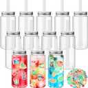12 Pcs 14oz Plastic Mason Jar Bottles with Straws Lids Clear Cute Reusable Drinking Cups and 43pcs Summer Stickers for Water, Tea, Juice, Beer, Summer Hawaiian Beach Party Supplie